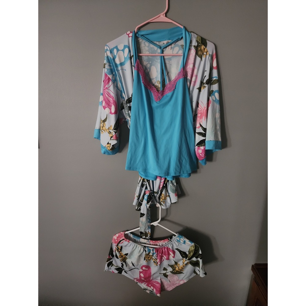 Secret Treasures Women Blue Butterfly 3 Piece Pajama Set Robe Cami Shorts Small